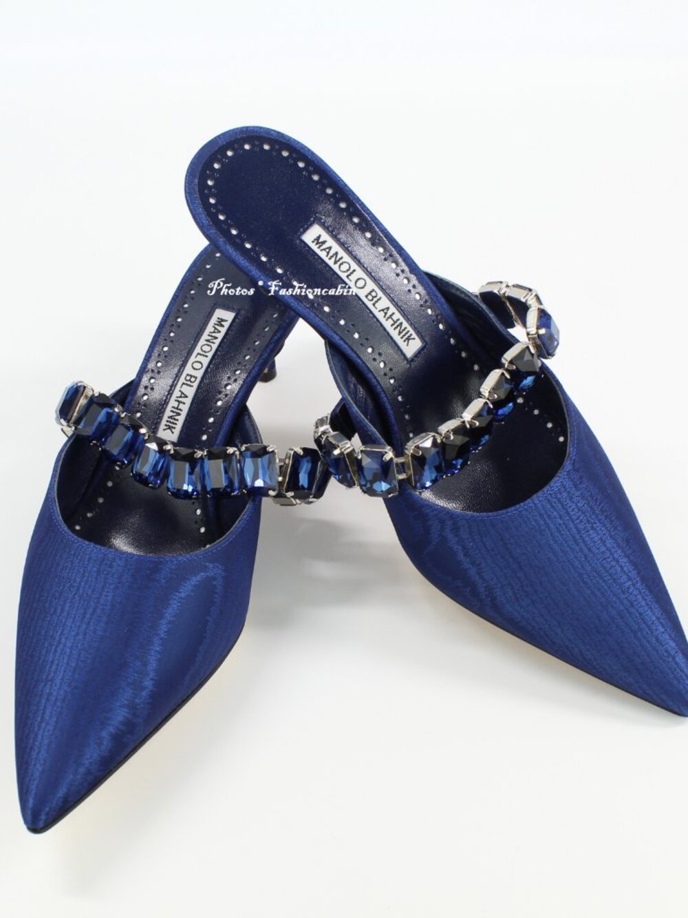 NEW MANOLO BLAHNIK Humibamu 50 Crystal Eembellished Moire Mules, Blue, EU 37.5